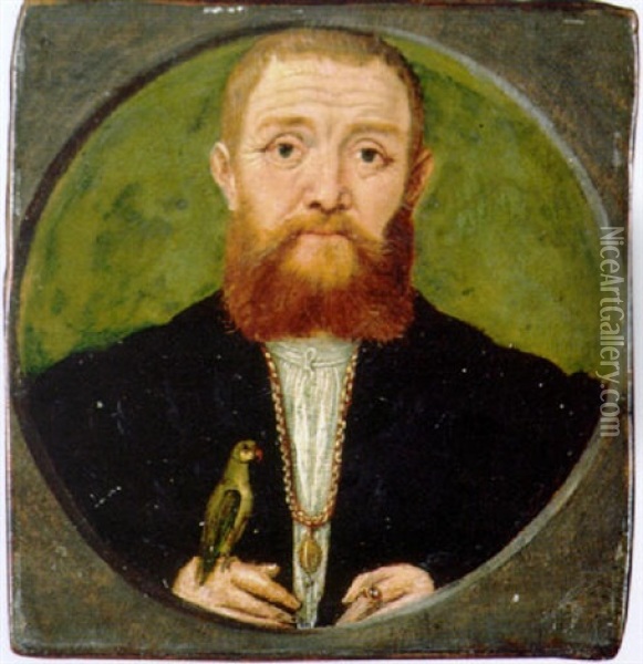 Portrait Of A Man In A Black Jacket And Gold Chain, A Parakeet Resting On His Hand Oil Painting - Ludger Tom Ring the Younger