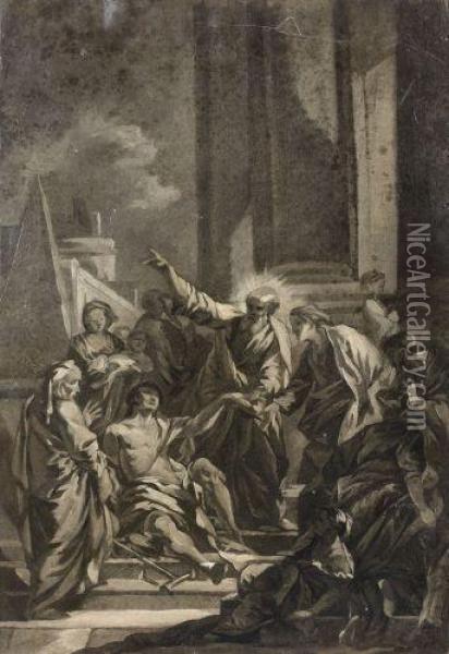 Saint Pierre Guerissant Le Paralytique, Grisaille Oil Painting - Jean-baptiste Deshays