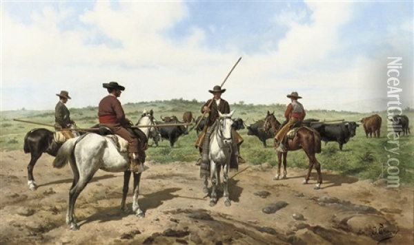 Garrochistas: Herding The Cattle Oil Painting - Jose Chaves