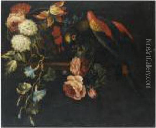 A Still Life With Tulips, Roses,
 Snowballs And Other Flowers Together With A Parrot On A Wooden Ledge Oil Painting - Pieter III Casteels