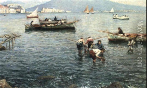 Pescatori Di Conchiglie A Mergellina Oil Painting - Attilio Pratella