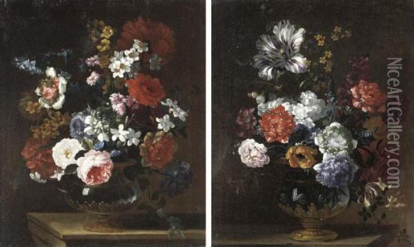 Roses, Anemones, Narcissi And Other Flowers In An Ormolu-mounted Oil Painting - Pieter III Casteels