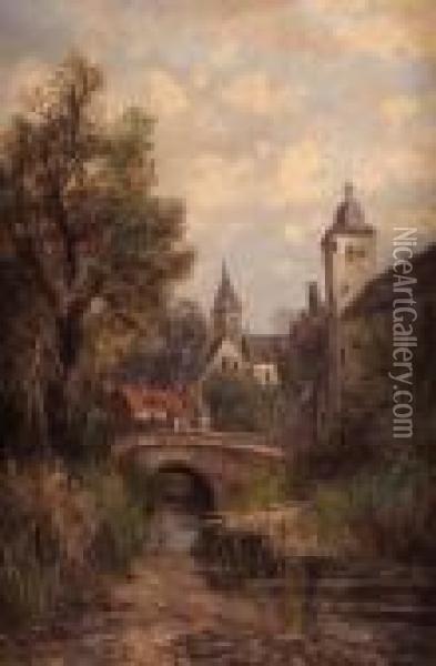 Continental Town With Bridge Over River Oil Painting - Abraham Hulk Jun.