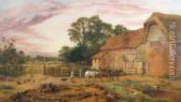 An Extensive Farmyard View Oil Painting - Benjamin Williams Leader