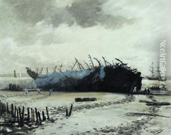 The Hulk Of H.m.s. Goliath After The Fire Oil Painting - Thomas Bush Hardy