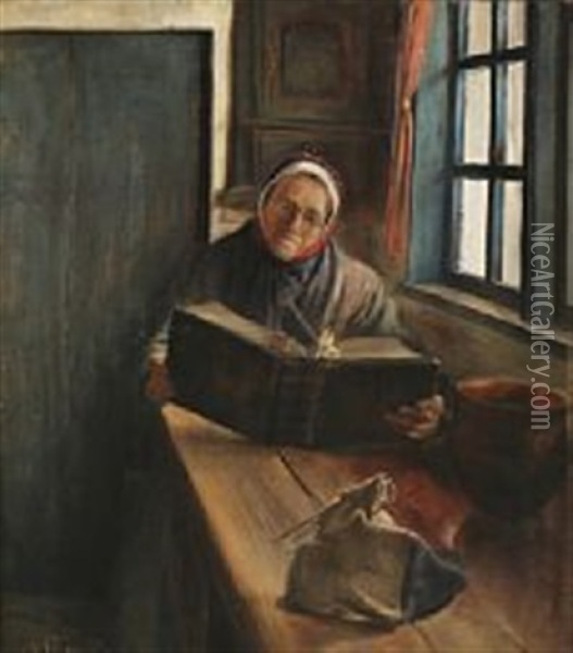 An Old Woman Reading The Bible Oil Painting - Laurits Andersen Ring