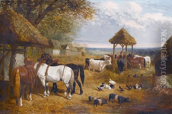 A Farmyard Scene With Horses, Cattle And Pigs Oil Painting - John Frederick Herring Snr