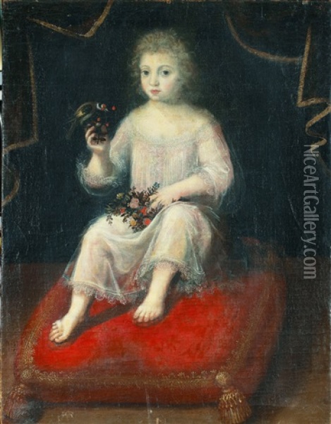 Barn Med Blommor Och Fagel (steglits) Oil Painting - Martin (Martinus I) Mytens