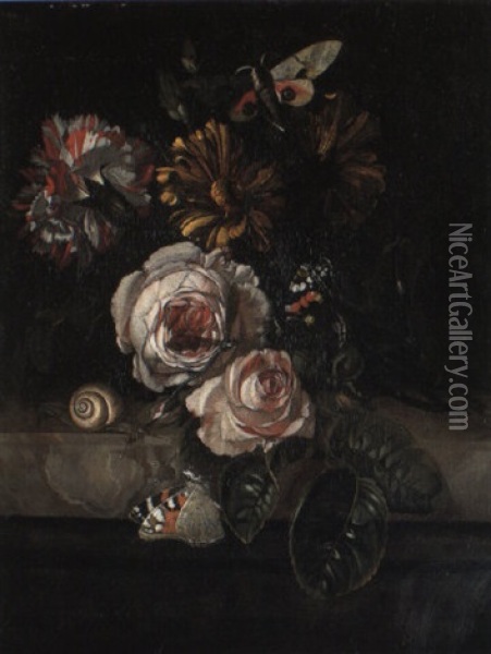 Pink Roses And Other Flowers And Insects Oil Painting - Willem Van Aelst