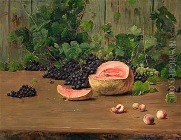 Opstilling Pa Et Bord Med Melon, Bla Og Gronne Druer Samt Ferskner Oil Painting - Carl Carlsen
