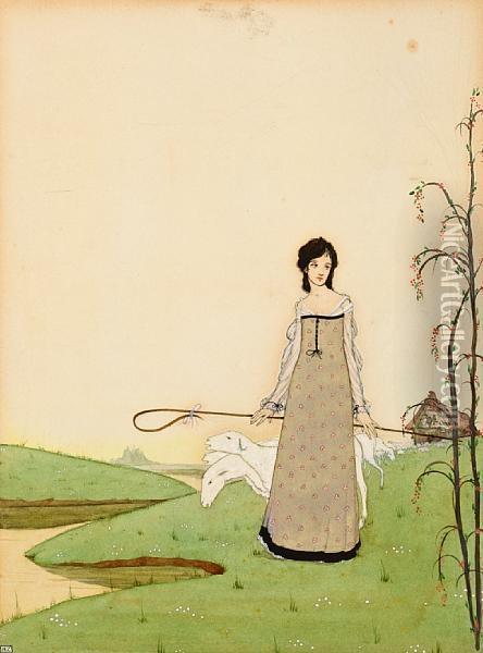 She Walks-the Lady Of My Delight-a Shepherdess Of Sheep Oil Painting - Harry Clarke