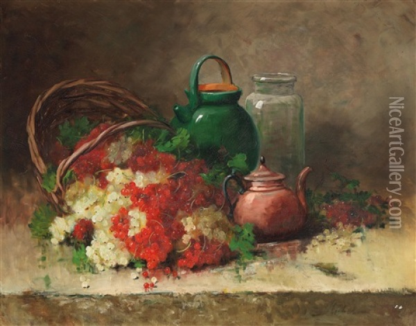 Still Life With Redcurrants And Green Pitcher Oil Painting - Leon Charles Huber