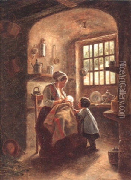Mother With Her Children In An Interior Oil Painting - Theophile Emmanuel Duverger