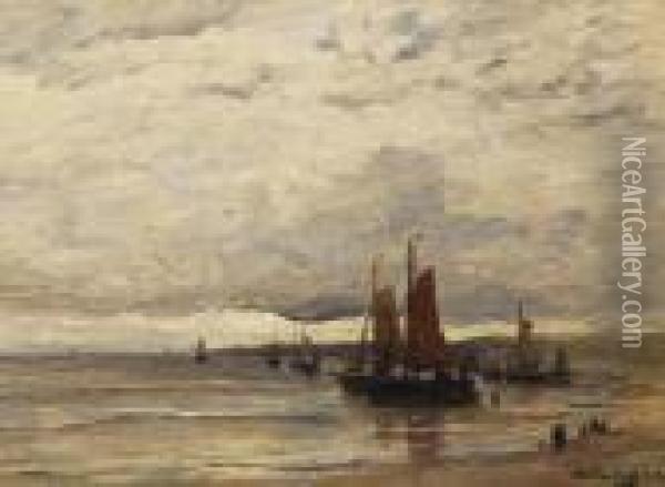 Moored Vessels On The Beach Oil Painting - Hendrik Willem Mesdag