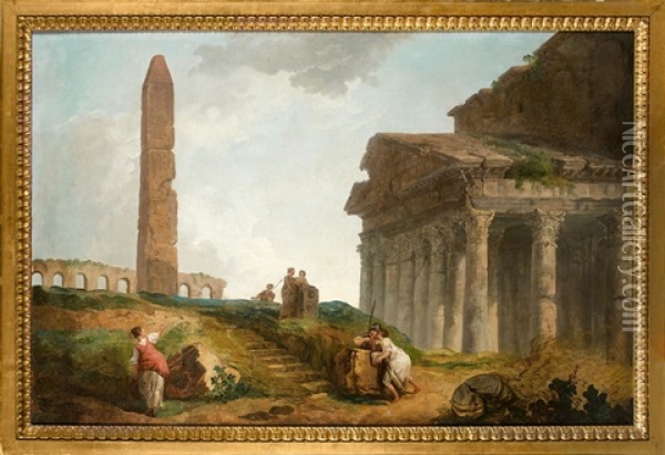 Capriccio : Six Personnages Pres De Monuments Romains En Ruines, Le Pantheon, Un Obelisque Et Des Arcades Oil Painting - Hubert Robert