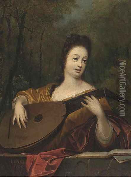 Portait of a lady, half-length, playing the lute Oil Painting - Ludolf Backhuysen