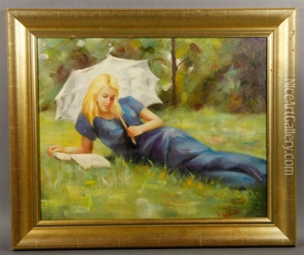 Girl With Umbrella Oil Painting - Jean Lefort