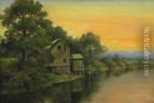 View Of A Mill House At Sunset Oil Painting - Henry Pember Smith