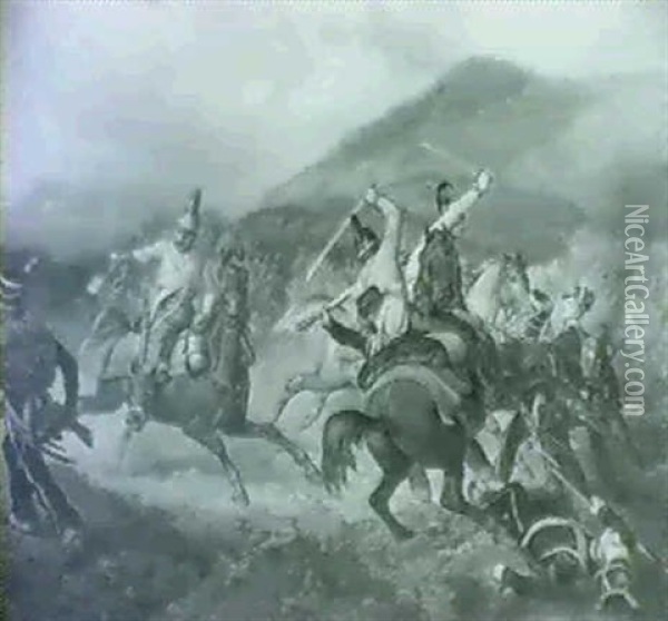 Reitergefecht Zwischen Osterreichischen Dragonern Und       Franzosicher Infanterie Um 1820 Oil Painting - Ferdinand Hofbauer