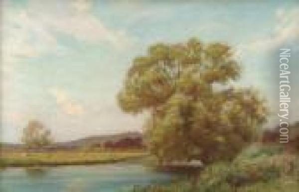 River Landscape With A Large 
Tree And Cattle Grazing Beyond,thought To Depict The Thames At Henley Oil Painting - William Henry Gore