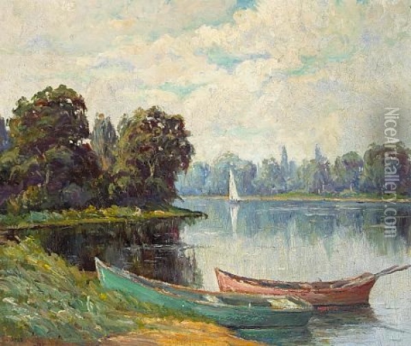 Rowboats On A Lakeshore Oil Painting - Lee Hays