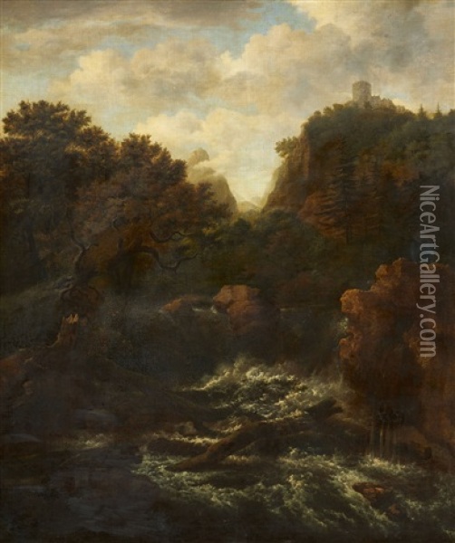 Mountainous Landscape With A Waterfall And A Castle Oil Painting - Jacob Van Ruisdael