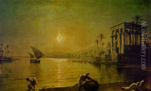 Figures In A Classical River Landscape By Moonlight Oil Painting - Fortunato Ariolla