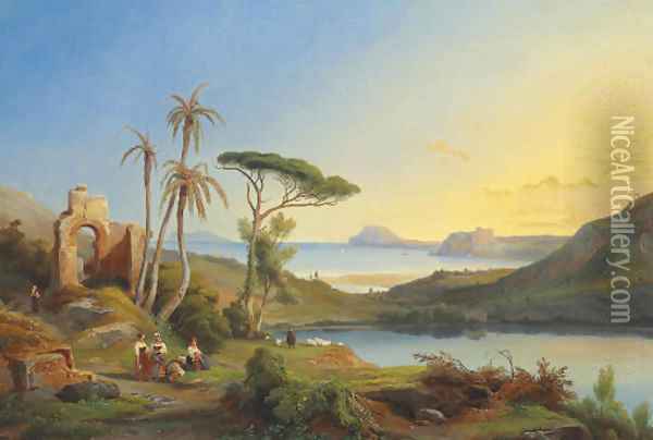 Vue du Cap Misene et du Lac d'Averne (pres de Naples) Oil Painting - Jean-Charles Joseph Remond
