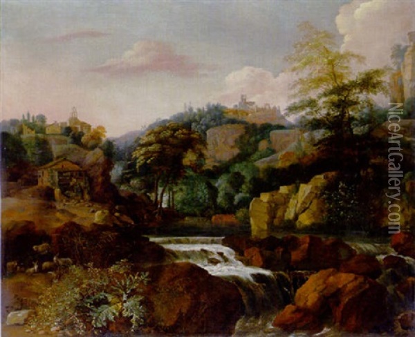 An Italianate Landscape With Goats And Sheep Beside A Waterfall Beneath A Village Oil Painting - Adam Pynacker