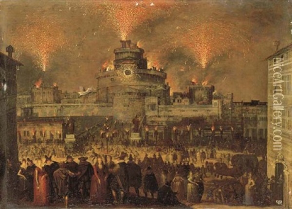 A Firework Display At The Castel Sant'angelo, Rome Oil Painting - Louis de Caullery