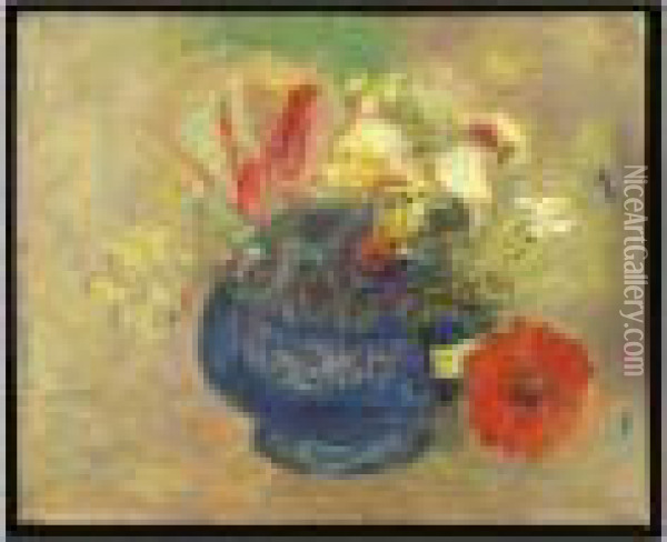 Fleurs Dans Une Coupe Bleue Oil Painting - Odilon Redon