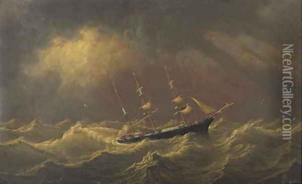 Markwell of Jersey under reduced sail in heavy weather Oil Painting - Philip John Ouless