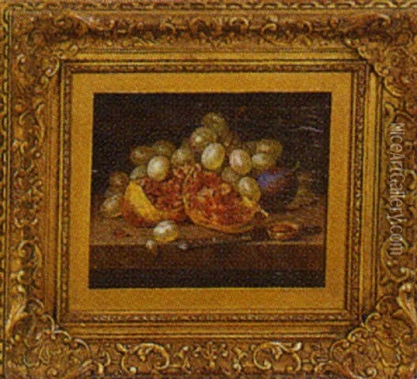 Still Life Of Grapes, Pomegranate, Plum, And A Knife Resting On A Marble Slab Oil Painting - Gottfried Schultz