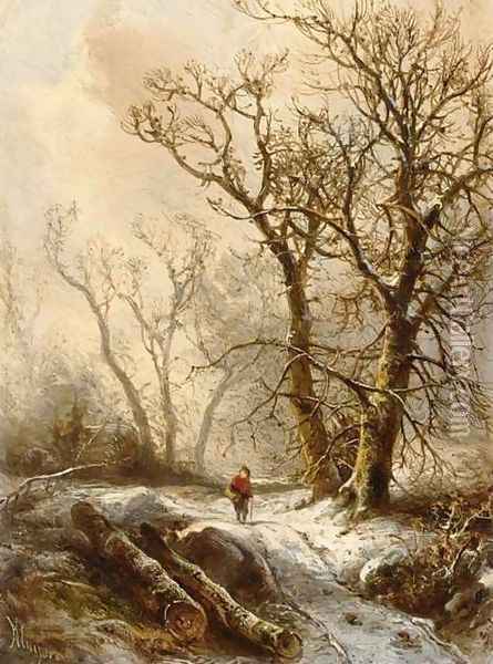 Figure in a Snowy Forest Landscape Oil Painting - Pieter Lodewijk Francisco Kluyver