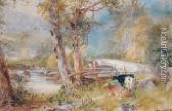 Cattle Beside A Bridge Oil Painting - James Burrell-Smith