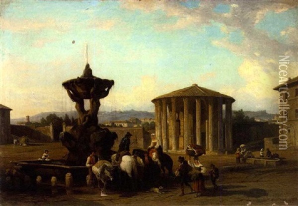 View Of The Temple Of Vesta, The Piazzi Di Bocca Di Verita Oil Painting - Penry Williams