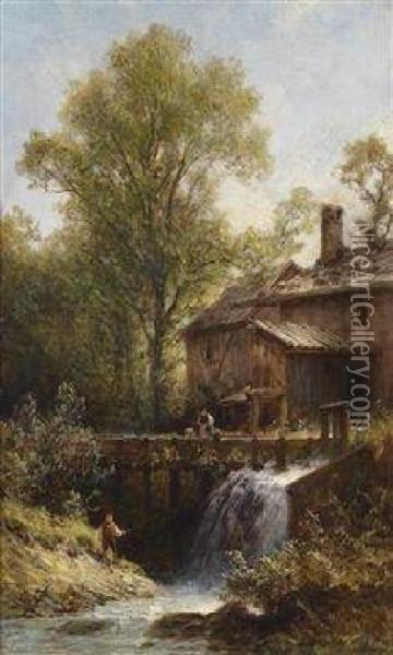 Anglers At The Weir By The Mill Oil Painting - Julius Lange