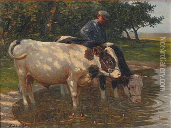 A Farmer With His Cows Oil Painting - Poul Steffensen