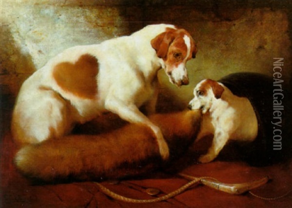 Playing With Puppy Oil Painting - Edwin Douglas
