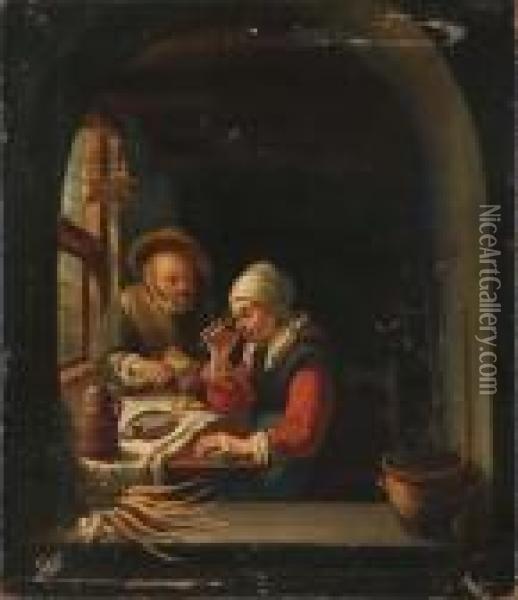 Blick Durch Einen Fensterbogen In Eine Kuche Mit Speisendem Paar An Dem Gedeckten Tisch Oil Painting - Gerrit Dou