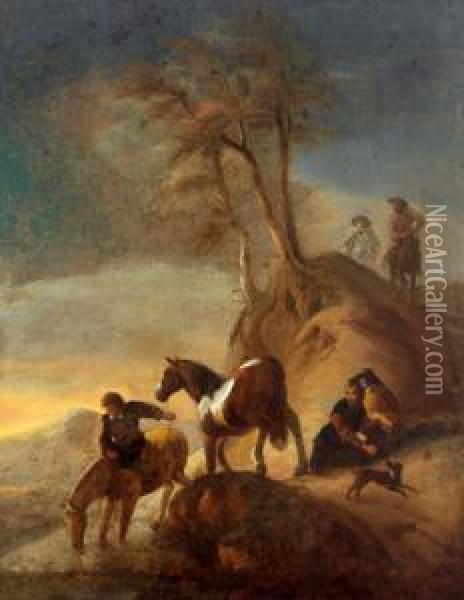 Cavalieri In Sosta A Un Abbeveratoio Oil Painting - Francesco Giuseppe Casanova