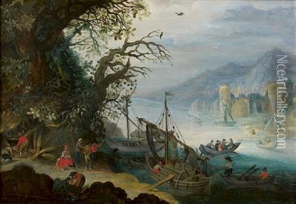 Paysage De Riviere Avec Des Bateaux Oil Painting - Abraham Govaerts
