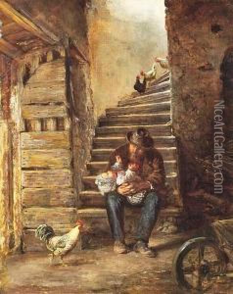 An Elderly Man With A Small Child In The Staircase Oil Painting - Anna Maria Elisabeth Jerichau-Baumann