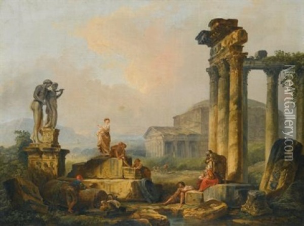 A Landscape With Shepherds And Shepherdesses Among Ancient Ruins, With The Statue Of Castor And Pollux And The Pantheon Beyond Oil Painting - Hubert Robert