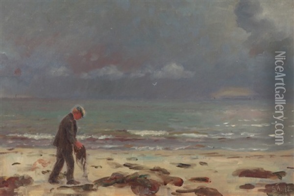 A Beach Scenery With A Man In Search Of Amber Oil Painting - Laurits Regner Tuxen