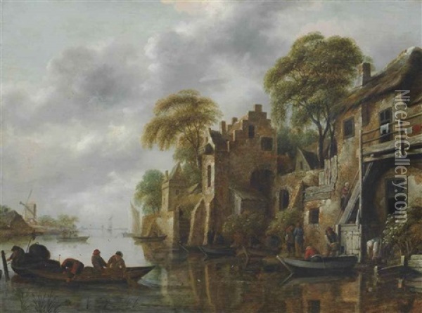A River Landscape With Fishermen Loading Their Nets, Beside A Town Oil Painting - Nicolaes Molenaer