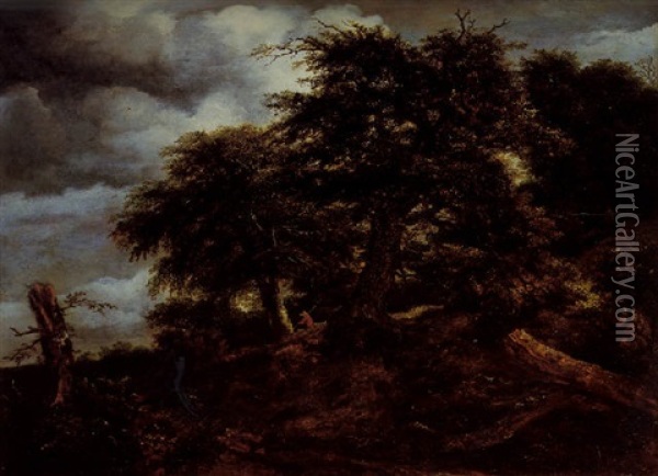 A Wooded Landscape With A Traveller And His Dog On A Path Oil Painting - Jacob Van Ruisdael