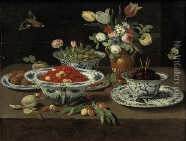 Wild Strawberries In A Chinese Kraak Porcelain Bowl, Blackberries Ina  Second Bowl Standing On A Plate, Various Flowers In A Bronze Vase... Oil Painting - Jan van Kessel the Younger