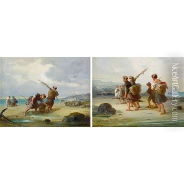 Fischerinnen Am Strand. Gegenstucke Oil Painting - Francois-Louis Lanfant