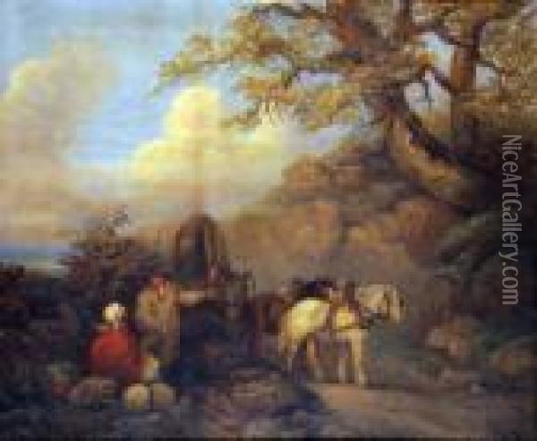 Figures Resting And In Conversation, With Heavy Horses Oil Painting - George Morland